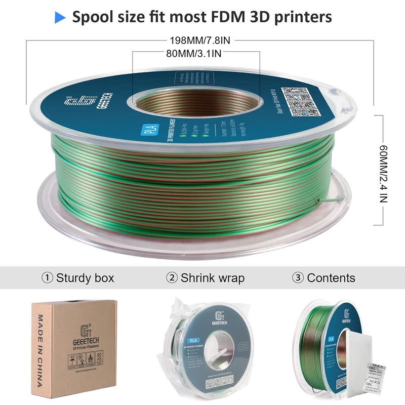 Geeetech Silk PLA Filament 1.75mm Silk Dual Color Filament, Coextrusion Dichromatic Metal-Like Shiny Consumable 1kg (2.2lbs) 1 Spool, Dimensional Accuracy +/- 0.02 mm, Green Red - Image 4